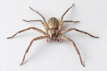 A tan spider with long hairy legs centered on a white background