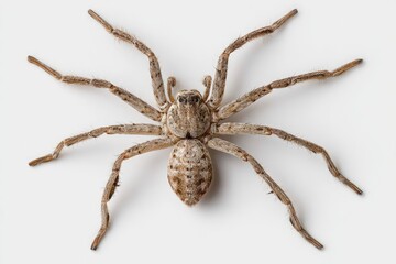 Obraz premium A highangle closeup view of a neutraltoned huntsman spider on a bright white background
