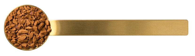 Freeze dried coffee in a metal measuring spoon, isolated on a white background, top view.