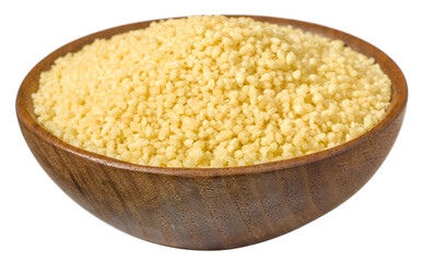 Uncooked couscous in the wooden bowl, isolated on white background.