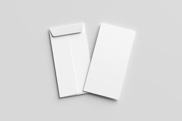 A blank white envelope mockup with front and back views placed side by side on a light gray background. Perfect for branding, design, or presentation purposes.