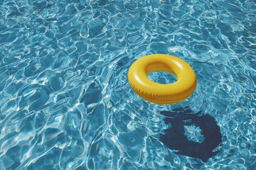 Yellow inflatable ring floats on rippled blue pool water