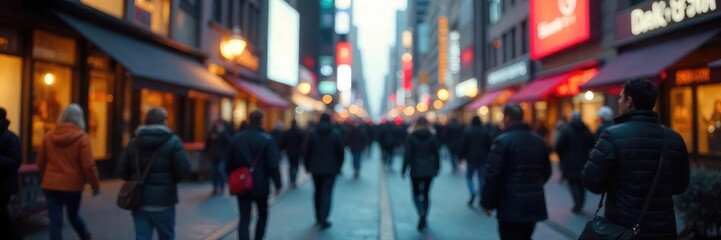 A bustling city street scene with indistinct conversations and ambient sounds forming an immersive soundscape; focus on the blurred, out-of-focus background  , noise, audio landscape, sounds
