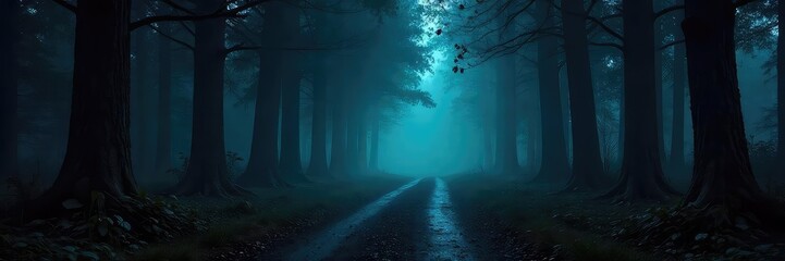 Obraz premium A dimly lit, eerie forest path at night, shrouded in mist and shadows, creating a suspenseful and mysterious atmosphere Perfect for horror, thriller, or mystery projects , shadows, creepy, moonlight