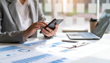 Fototapeta premium A person flipping through documents on a desk and checking their smartphone