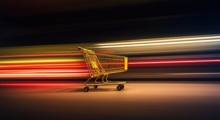 Shopping cart with motion blur and colorful light trails on a dark background.