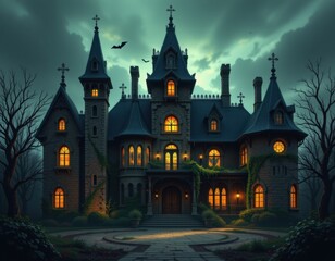 a haunted halloween mansion with towering spires steep roofs cracked walls broken windows dimly lit by eerie lights twisting chimneys overgrown vines and shadows stretching across the dark courtyard