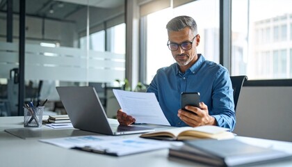 Fototapeta premium A person flipping through documents on a desk and checking their smartphone