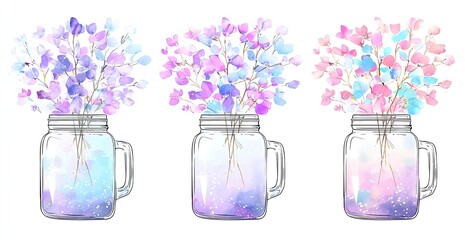 Three glass jars, each filled with a bouquet of pastel-colored flowers