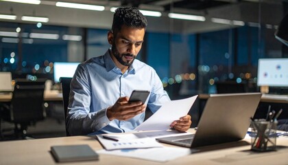 Fototapeta premium A person flipping through documents on a desk and checking their smartphone