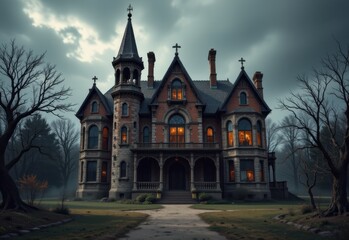 Fototapeta premium creepy haunted mansion for halloween towering spires steep roofs decaying brick walls broken windows dark hallways carved gargoyles and gnarled trees casting long shadows on the grounds