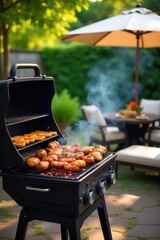 A sizzling backyard BBQ scene with delicious food on the grill, surrounded by lush greenery and inviting outdoor furniture Perfect for summer gatherings and cookouts , meat, grill, golden brown