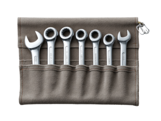 Set of six chrome wrenches in a tan fabric pouch