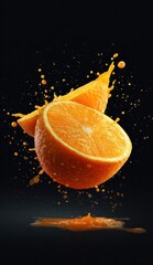Half-cut oranges burst mid-air, vibrant juice sprays against the stark, dark backdrop