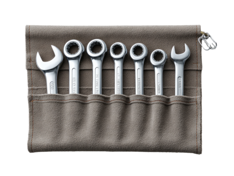 Set of six chrome wrenches in a tan fabric pouch