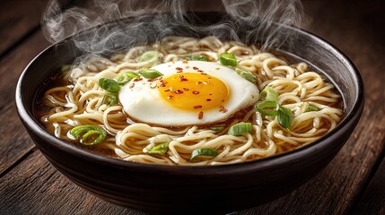 Steaming Bowl of Noodles with Egg Topping
