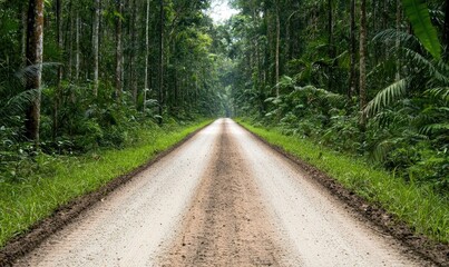 Obraz premium A dirt road winds through a dense rainforest. Lush greenery surrounds a pale pathway, disappearing into the distance