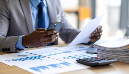 Fototapeta premium A person flipping through documents on a desk and checking their smartphone