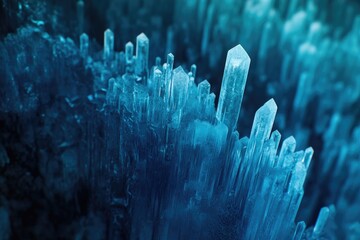 Close-up of a cluster of vibrant blue crystals, resembling a miniature city skyline.