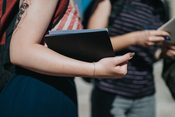Group of individuals enjoying an outdoor setting, focusing on discussions and note-taking.