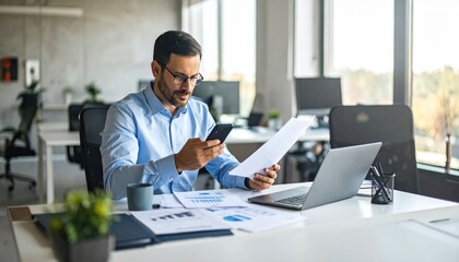 Fototapeta premium A person flipping through documents on a desk and checking their smartphone
