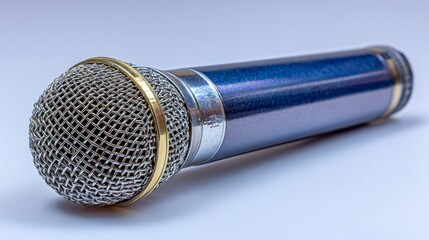 A close-up of a metallic microphone with ornamental detailing, set against a smooth blue gradient background,