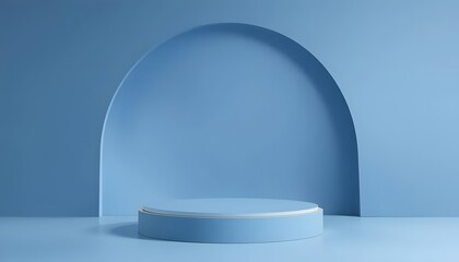 A light blue product display podium with a gold trim against a matching archway backdrop scene