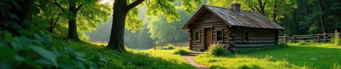 Rustic wooden hut nestled amongst lush green foliage, sunlight dappling through leaves  Perfect for nature, travel, and eco-tourism imagery ,  architecture,  wood