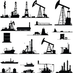 Oil and gas industry vector illustration silhouette of rigs refinery and pump jack industrial equipment