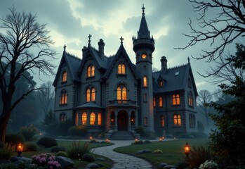 Fototapeta premium haunted mansion for halloween towering spires steep roofs broken windows jagged chimneys cracked stone walls overgrown gardens flickering candlelight casting shadows on ground