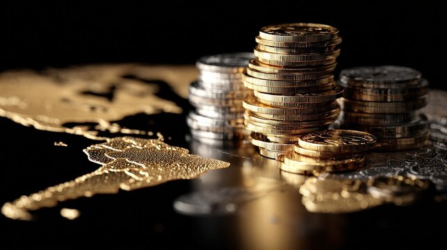 Global Finance: Gold and Silver Coins on World Map