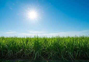 Fototapeta premium Sugarcane Field Under Bright Sunny Sky Agriculture, Landscape, Farming, Sunshine, Clear Blue Sky