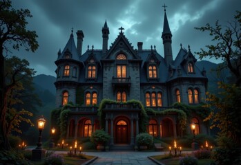 haunted mansion with gothic spires tall towers steep roofs broken windows jagged chimneys weathered walls overgrown vines flickering dim candlelight across shadowed courtyard