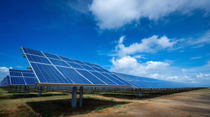 Solar Panel Farm with Rows of Panels Under Blue Sky. Ai gen.
