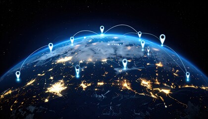 A global communication network showing the future of data connection across the world. This system represents the internet and wireless technology exchanging information over planet Earth.