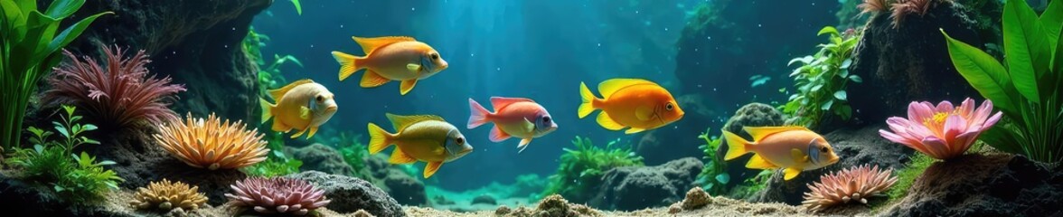 Naklejka premium Vibrant tropical fish swim gracefully in a lush, planted aquarium The underwater scene is filled with bright colors and healthy plants, creating a captivating aquatic ecosystem , tropical, nature