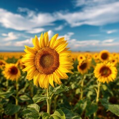 Blooming sunflower in field on summer day with blue sky. Backdrop for ecology sites