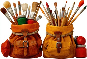 Two orange leather-like bags filled with various paintbrushes and paint containers