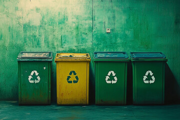 A Row of Recycling Bins Against a Distressed Green Wall, Symbolizing Environmental Awareness