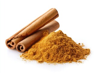 Cinnamon sticks and ground cinnamon spice on white background