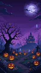 Halloween Evening with Jack-O'-Lanterns and Ghosts in Graveyard