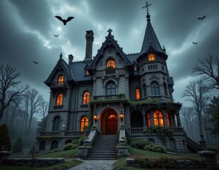 gothic halloween mansion with steep roofs towering spires cracked walls broken windows twisted chimneys overgrown ivy fog curling across shadowed stone courtyards and dimly lit entrance steps