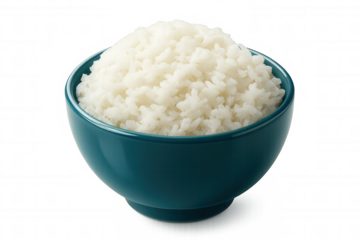 White rice cascading over teal ceramic bowl, translucent backdrop highlighting fluffy grain texture and culinary potential