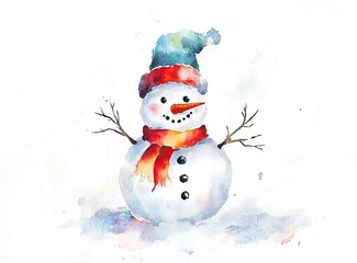 A watercolor painting of a snowman, with a simple and colorful design, simple brushstrokes, and a cute style