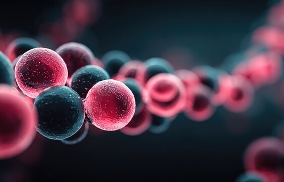 Spherical cells, vibrant pink and teal, chain-linked