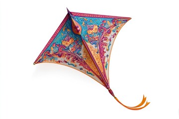An ornate kite with a vibrant stylized design floats against a plain white background