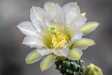 Obraz premium A close-up of a pristine white cactus flower with dew drops, showcasing intricate details.