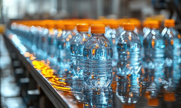 Bottled water in a production line, clear plastic bottles with orange caps move along a shiny conveyor belt in a manufacturing plant