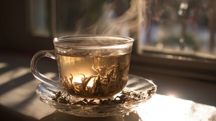 A glass teacup filled with steaming tea sits on a saucer with loose tea leaves,