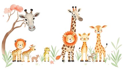 Naklejka premium Whimsical watercolor illustration of safari animals in soft pastel tones, perfect for nursery decor.